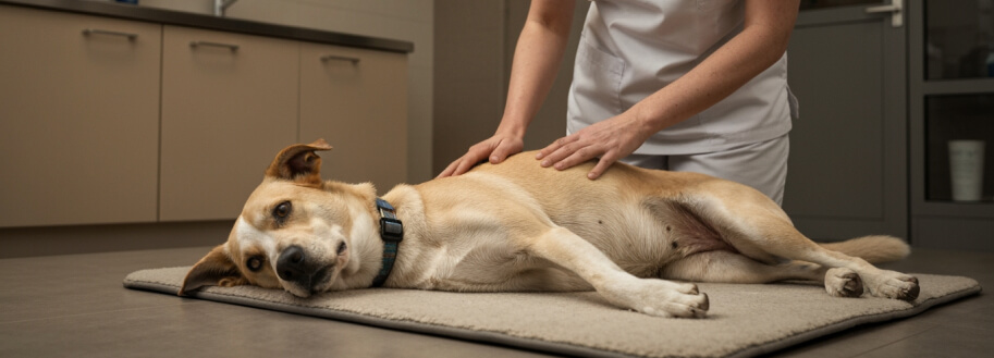 Спокойная собака лежит на подстилке, рядом — ветеринар в форме Laska Petsк кладёт руку на живот